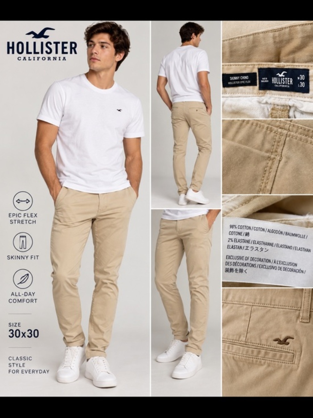 Hollister Epic Flex Skinny Chino Pants Khaki Beige Men’s 30x30